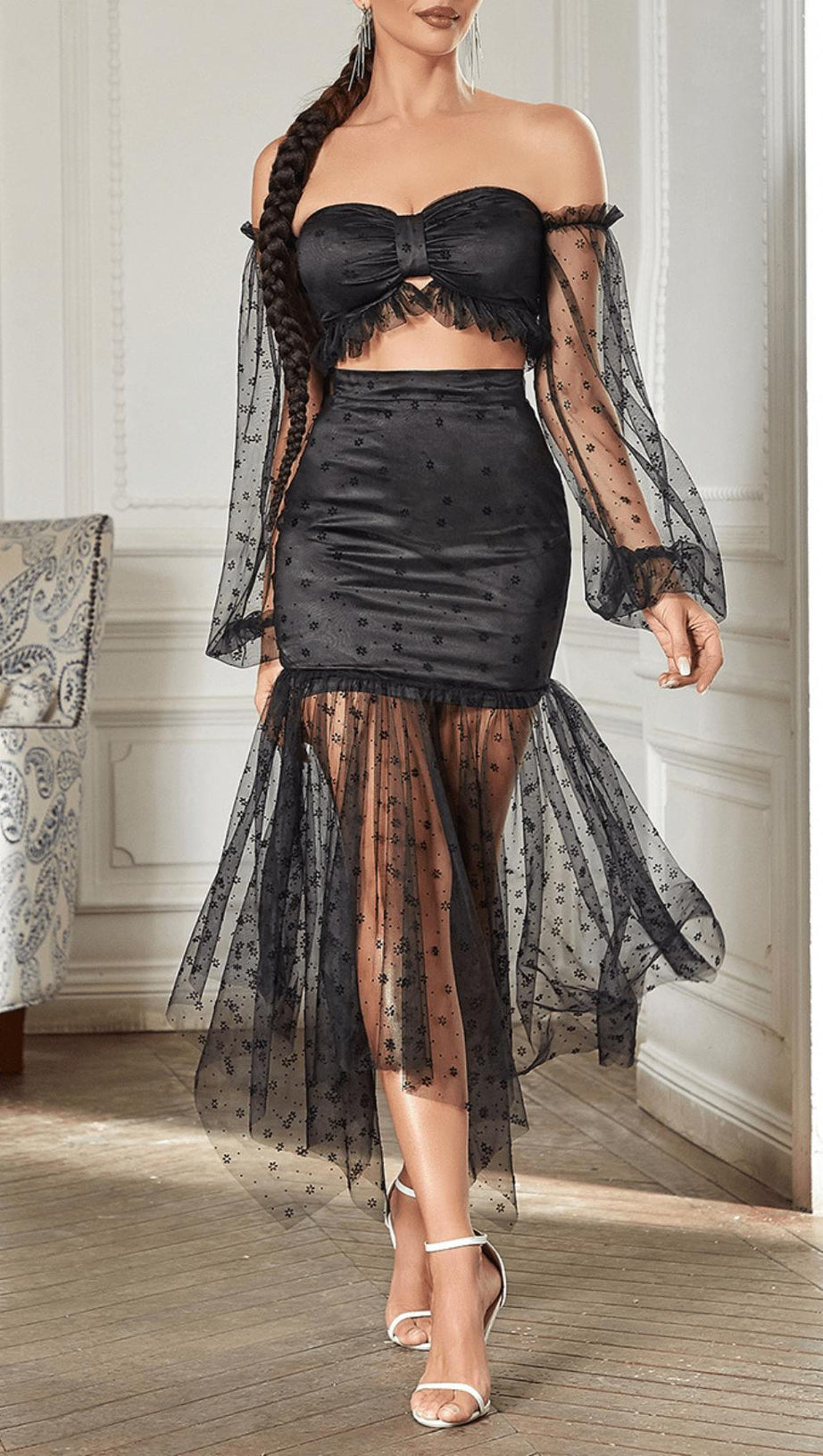 ONE SHOULDER TULLE MIDI DRESS