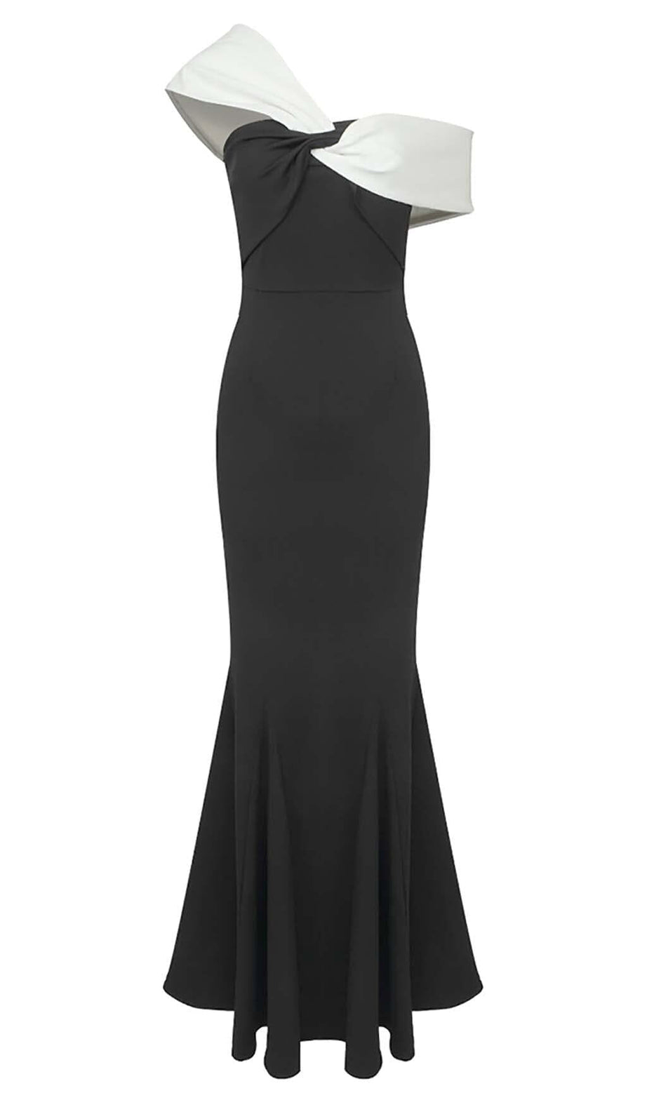 ASYMMETRIC OFF SHOULDER MAXI DRESS IN BLACK