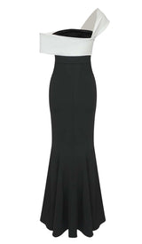 ASYMMETRIC OFF SHOULDER MAXI DRESS IN BLACK