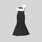 ASYMMETRIC OFF SHOULDER MAXI DRESS IN BLACK