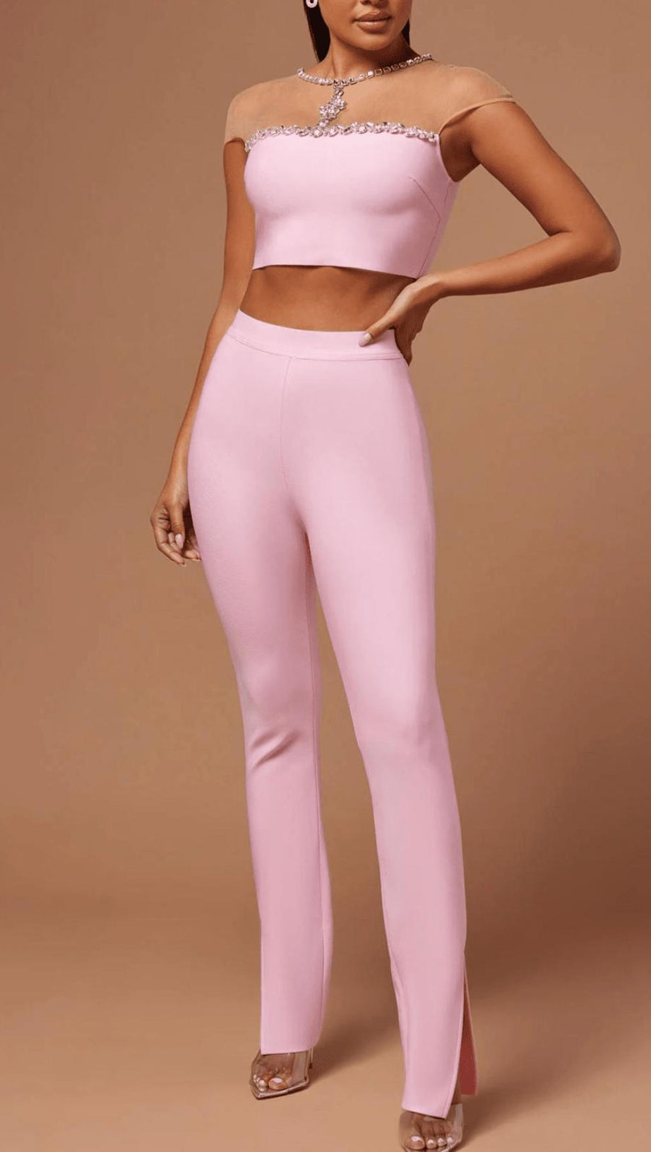 COMPLETO PANTALONI E TOP BANDAGE ROSA 