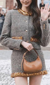 BEAD EMBELLISHED TWEED SINGLE-BREASTED COAT SUIT