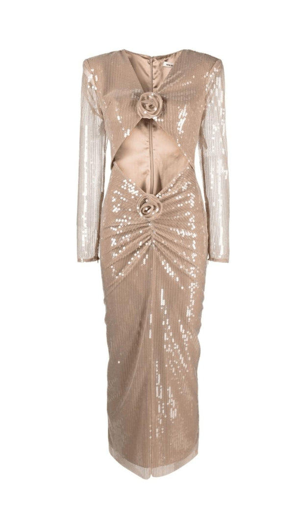 AIIZIE BEIGE FLORAL SEQUINED MIDI DRESS - product image