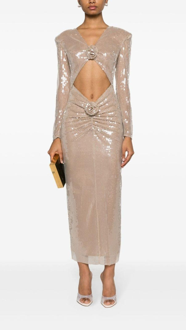 AIIZIE BEIGE FLORAL SEQUINED MIDI DRESS - product image