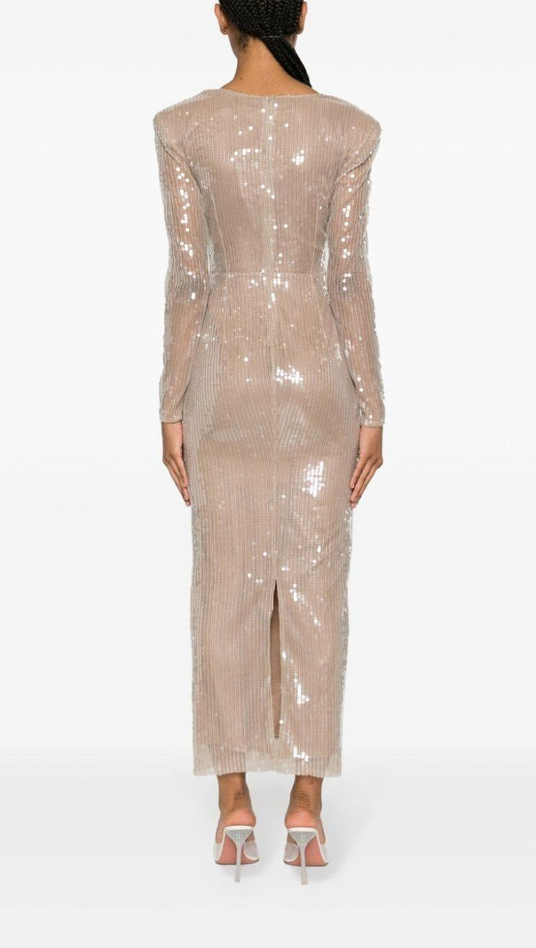 AIIZIE BEIGE FLORAL SEQUINED MIDI DRESS - product image