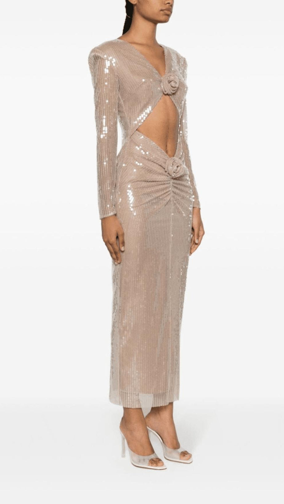 BEIGE FLORAL SEQUINED MIDI DRESS