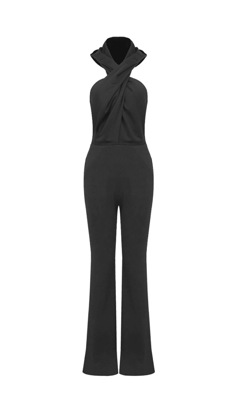 SCHWARZER RÜCKENFREIER JUMPSUIT MIT KAPUZE UND EINSCHUBTASCHEN