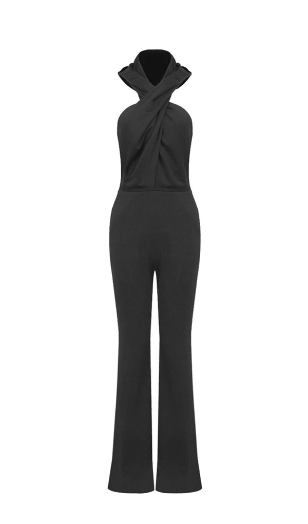 BLACK BACKLESS HOODED JUMPSUIT WITH SLIP POCKETS