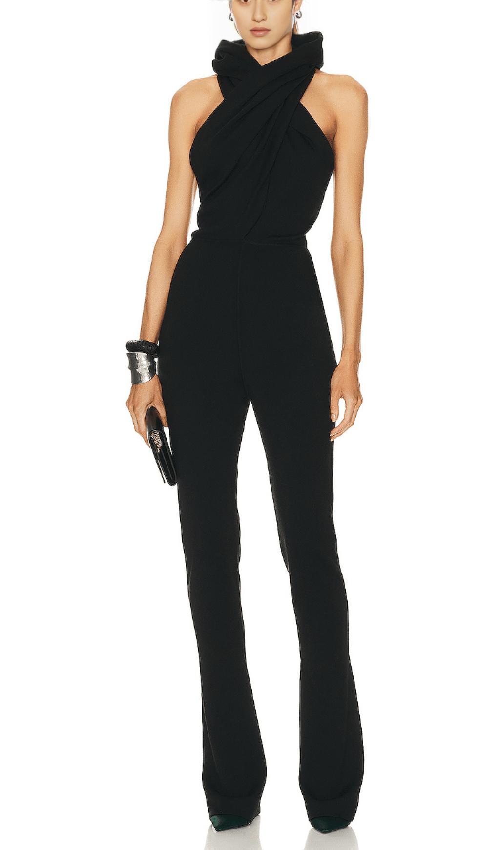 TUTA NERA CON CAPPUCCIO E TASCHE A SCHIENA