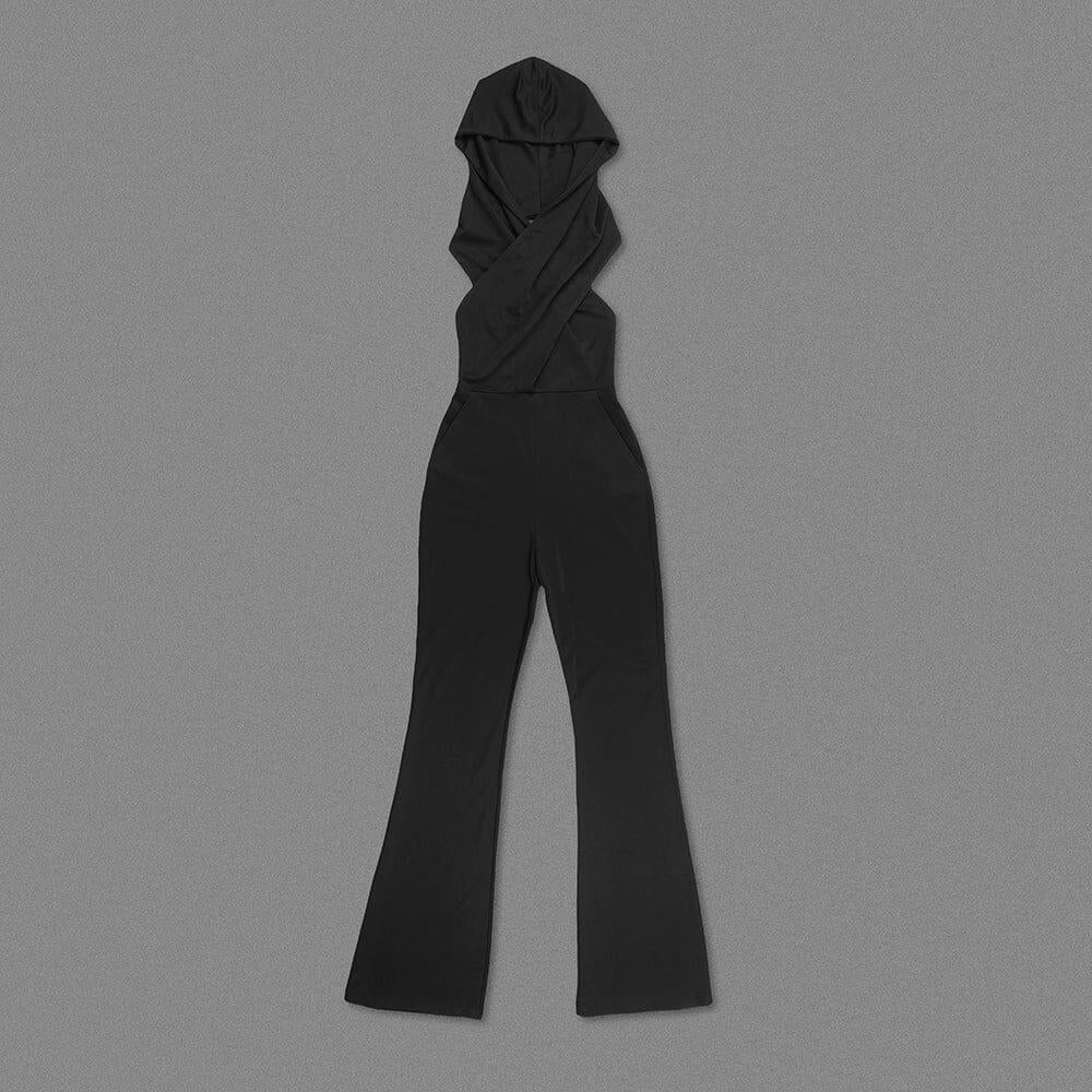 AIIZIE BLACK BACKLESS HOODED JUMPSUIT WITH SLIP POCKETS - product image