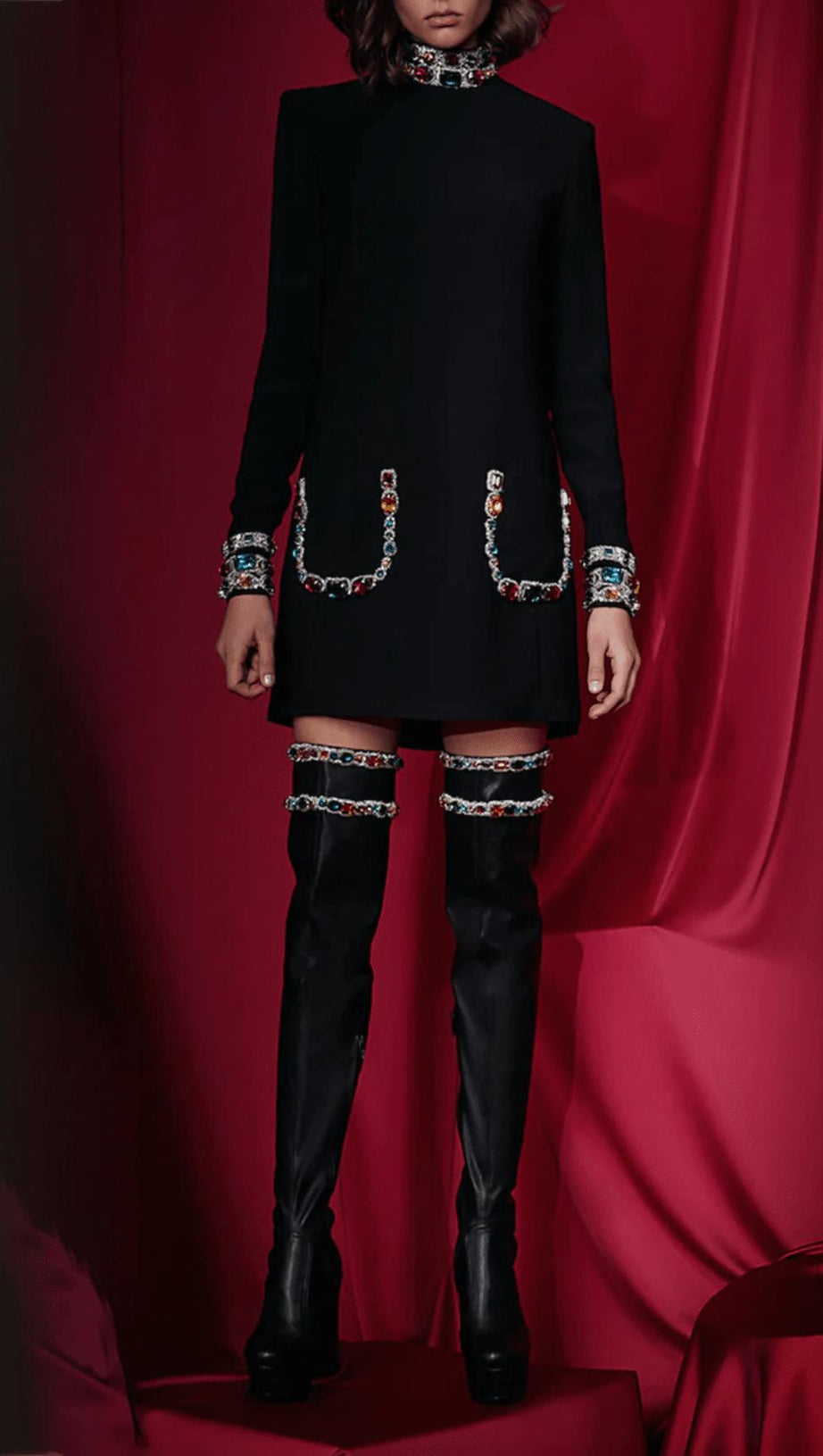 BLACK BEAD-EMBROIDERED MINI DRESS