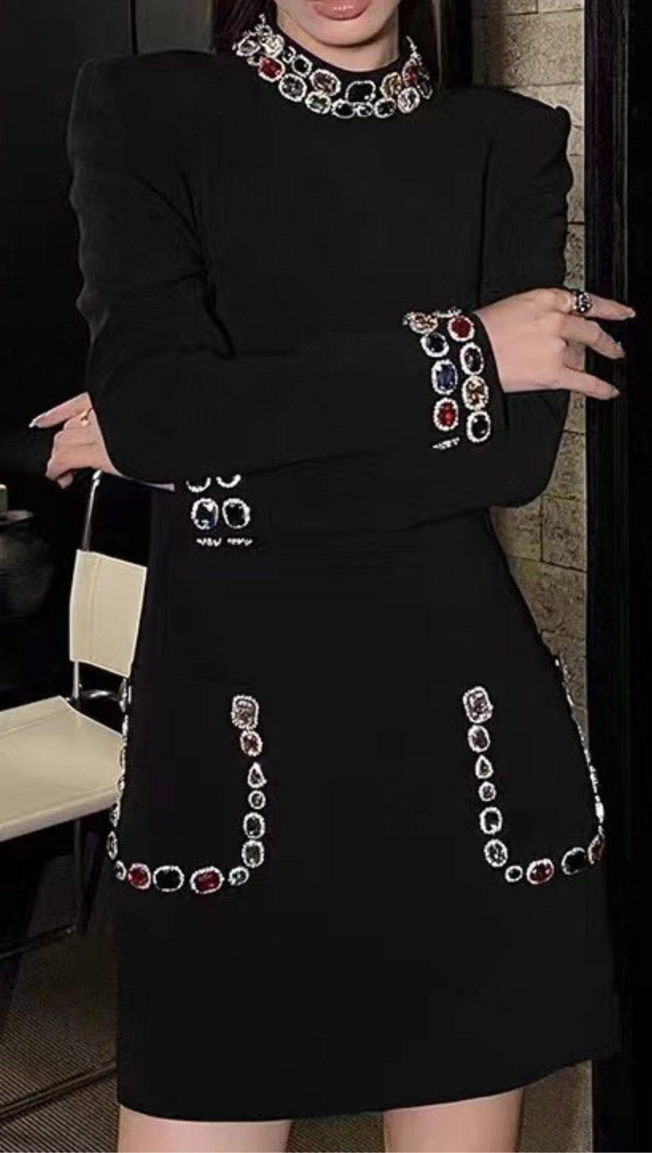 BLACK BEAD-EMBROIDERED MINI DRESS