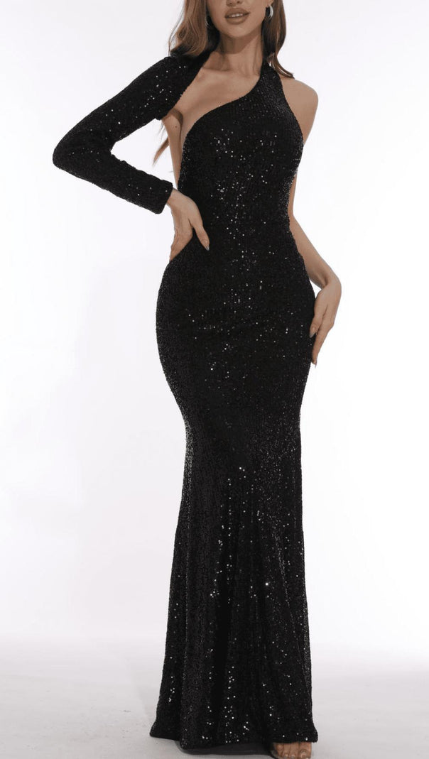 AIIZIE BLACK BODYCON FIT SEQUIN MAXI DRESS - product image