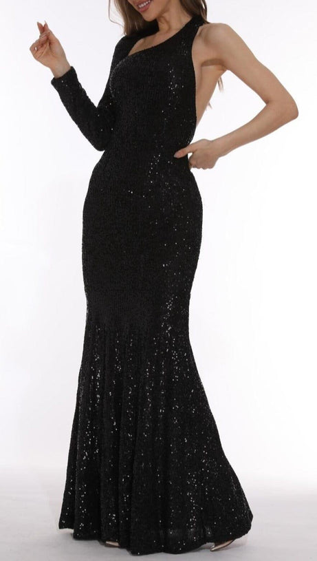 BLACK BODYCON FIT SEQUIN MAXI DRESS