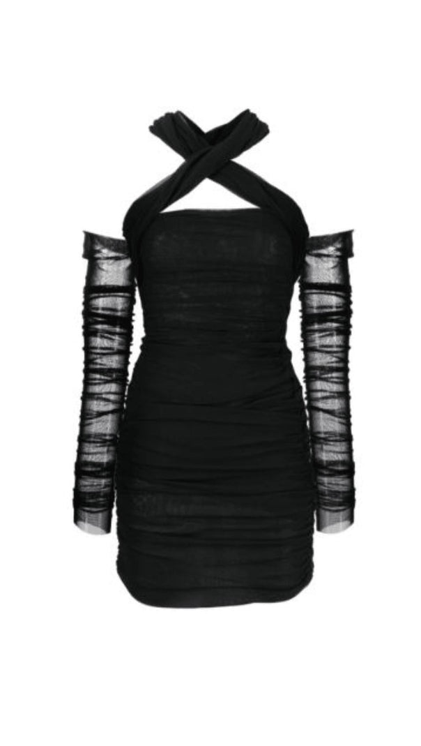 AIIZIE BLACK COLD-SHOULDER RUCHED TULLE MINI DRESS - product image