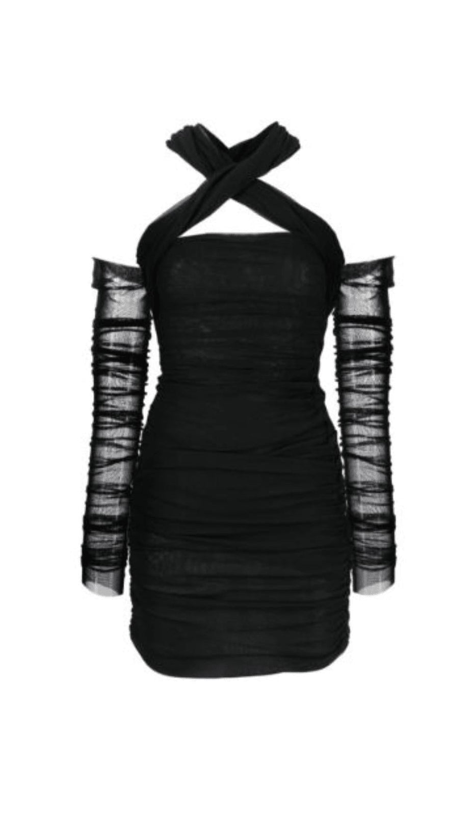 BLACK COLD-SHOULDER RUCHED TULLE MINI DRESS