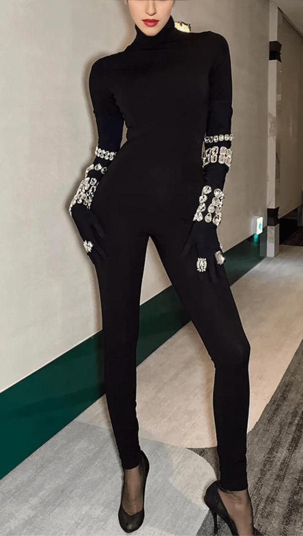 AIIZIE BLACK CRYSTAL EMBELLISHED TURTLENECK JUMPSUIT - product image