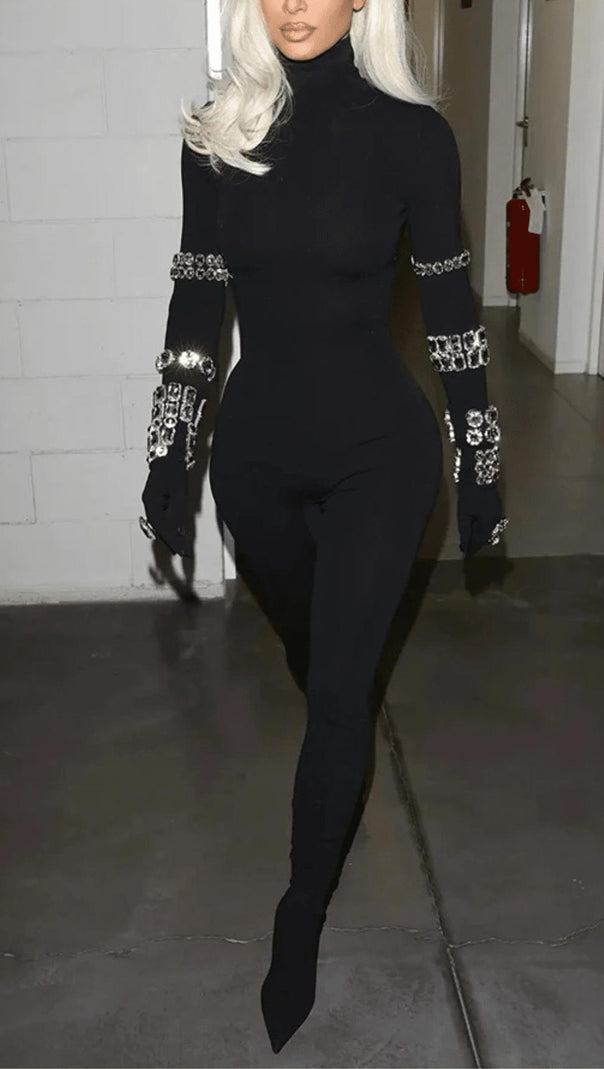 AIIZIE BLACK CRYSTAL EMBELLISHED TURTLENECK JUMPSUIT - product image