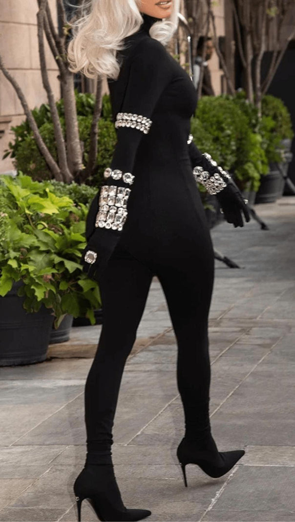 AIIZIE BLACK CRYSTAL EMBELLISHED TURTLENECK JUMPSUIT - product image