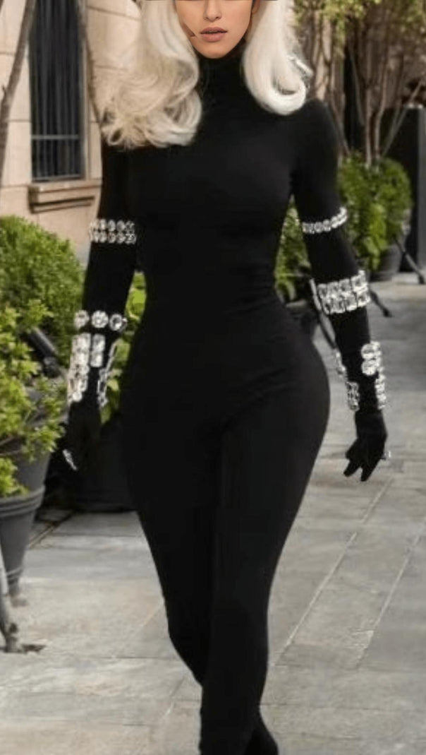 AIIZIE BLACK CRYSTAL EMBELLISHED TURTLENECK JUMPSUIT - product image