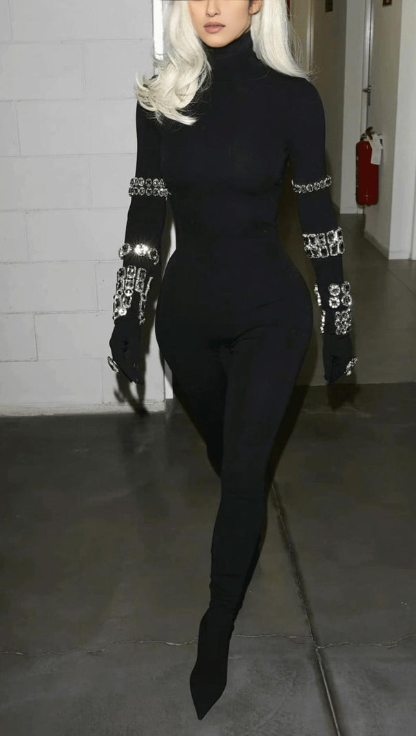 AIIZIE BLACK CRYSTAL EMBELLISHED TURTLENECK JUMPSUIT - product image