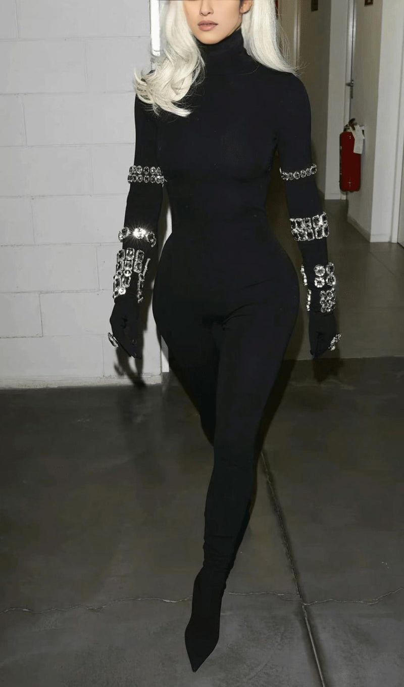 BLACK CRYSTAL EMBELLISHED TURTLENECK JUMPSUIT