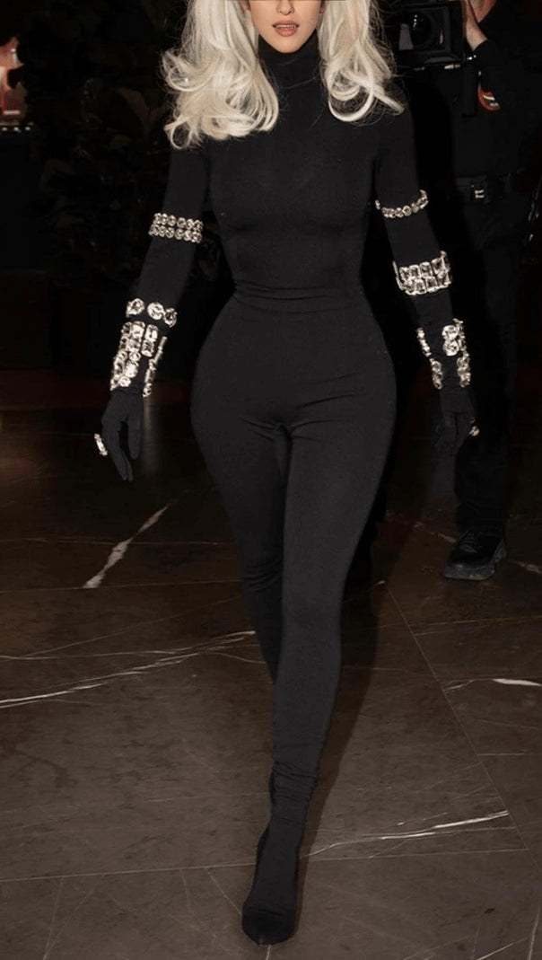 AIIZIE BLACK CRYSTAL EMBELLISHED TURTLENECK JUMPSUIT - product image