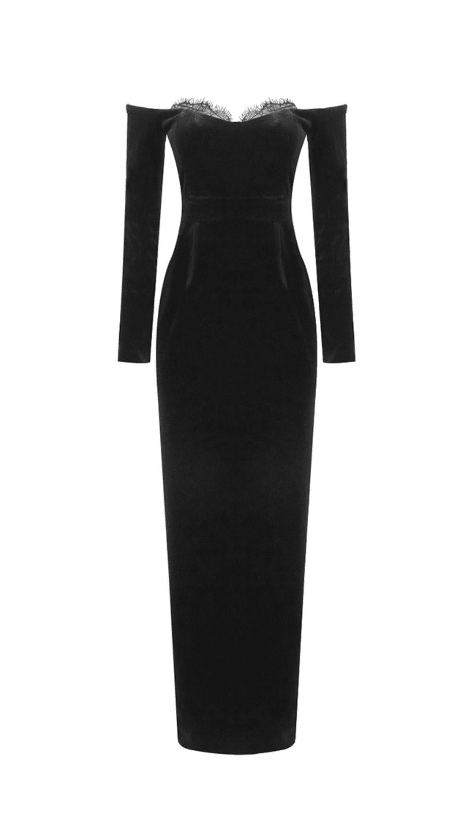SCHWARZES LANGÄRMELIGES MAXIKLEID AUS SPITZENSAMT