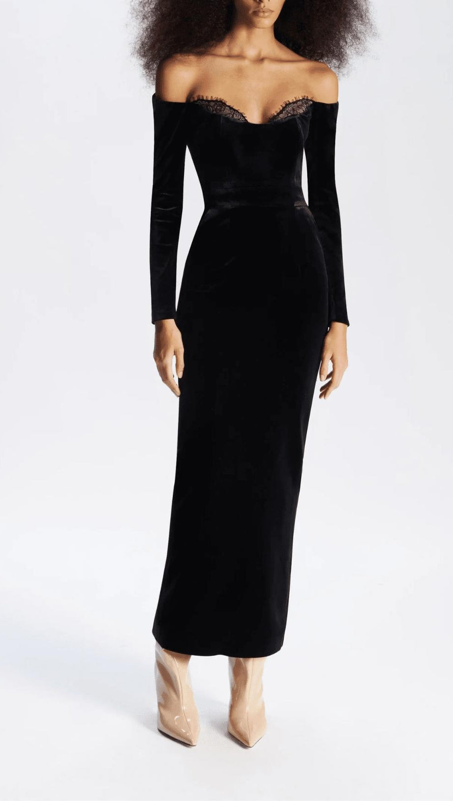 BLACK LONG SLEEVE LACE VELVET MAXI DRESS