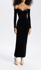 BLACK LONG SLEEVE LACE VELVET MAXI DRESS