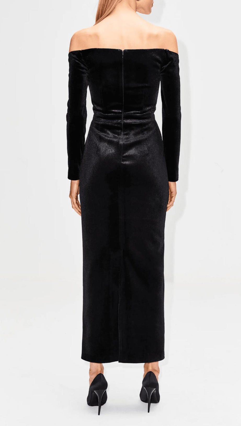 BLACK LONG SLEEVE LACE VELVET MAXI DRESS