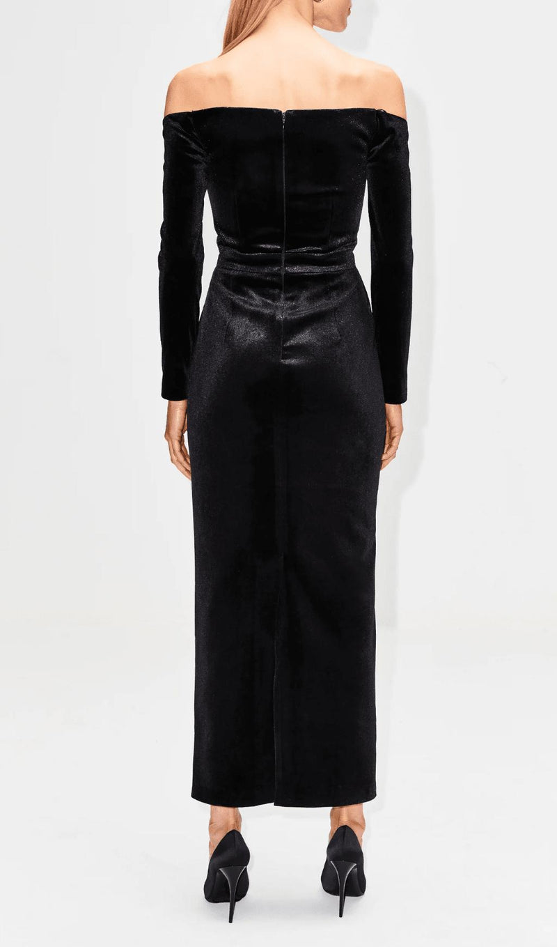 BLACK LONG SLEEVE LACE VELVET MAXI DRESS