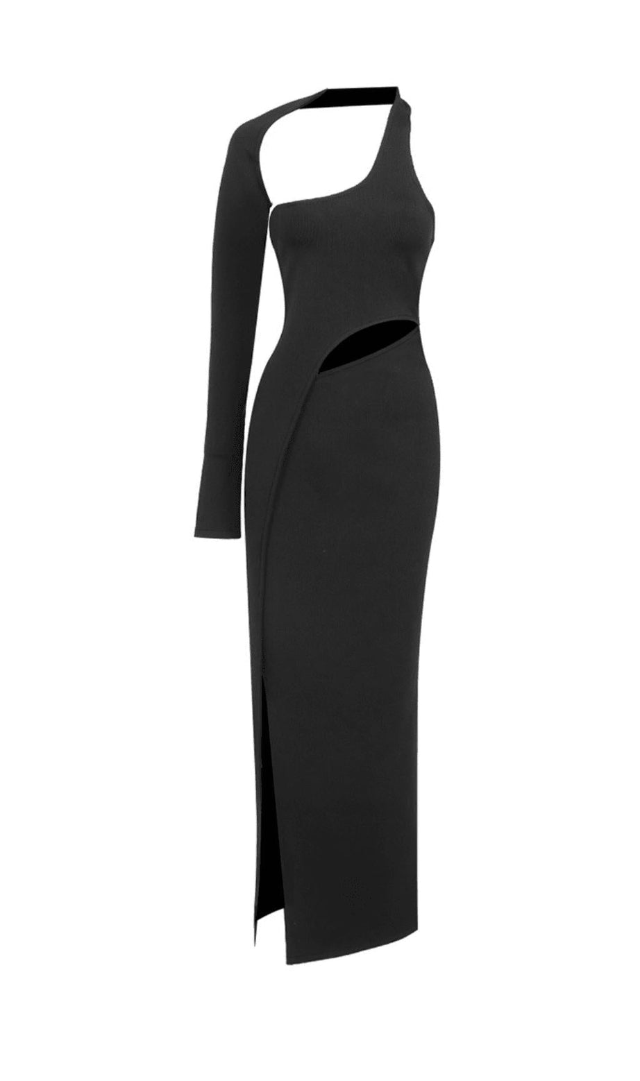 ABITO LUNGO NERO CON MANICA MONOSPALLA E FASCIA ELASTICA CHE LASCIA SCOPERTA LA PANCIA