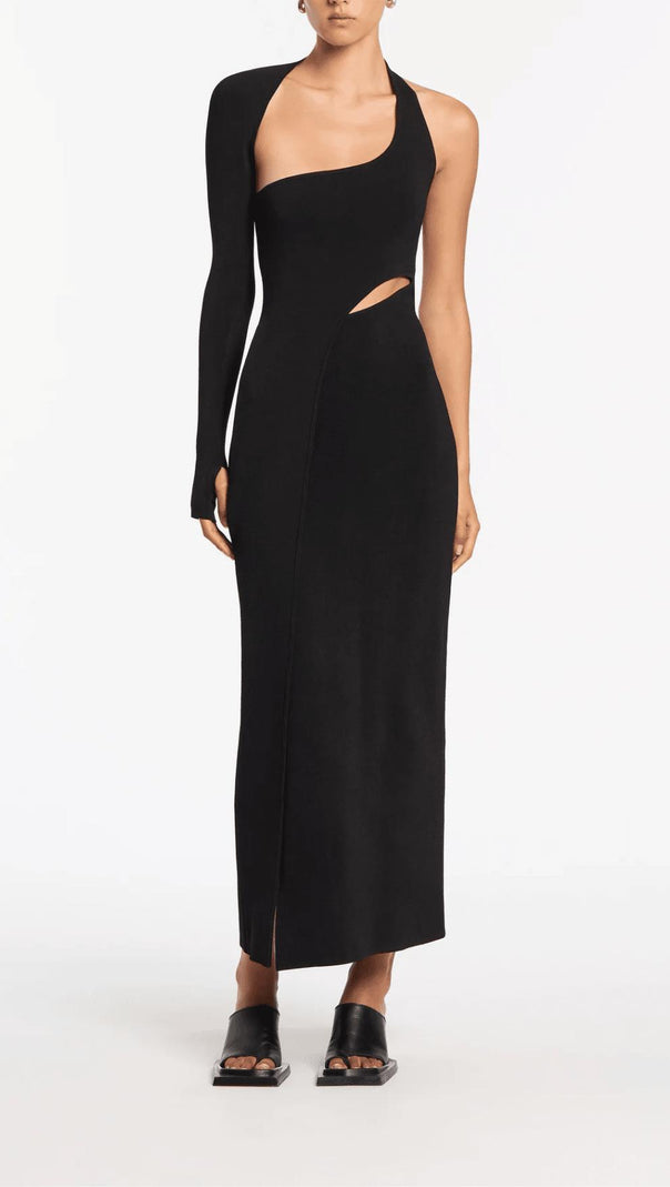 AIIZIE BLACK ONE-SLEEVE ELASTIC BANDAGE MIDRIFF-BARING MAXI DRESS - product image