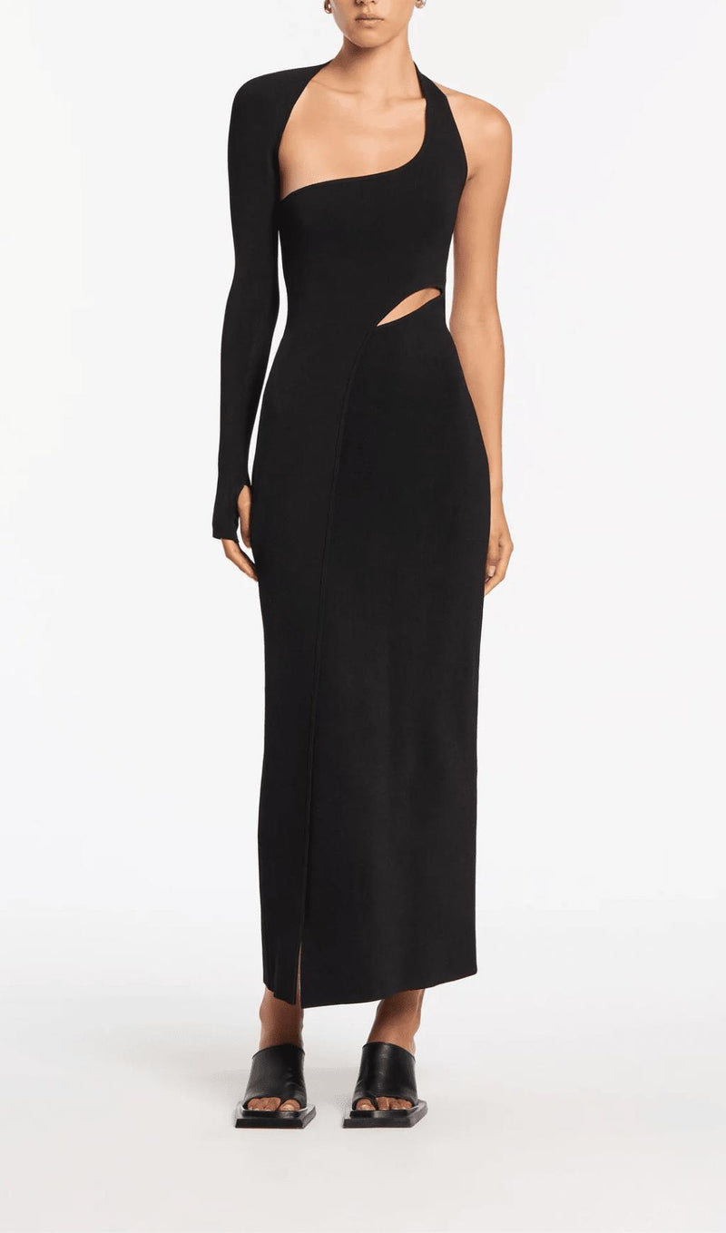 BLACK ONE-SLEEVE ELASTIC BANDAGE MIDRIFF-BARING MAXI DRESS