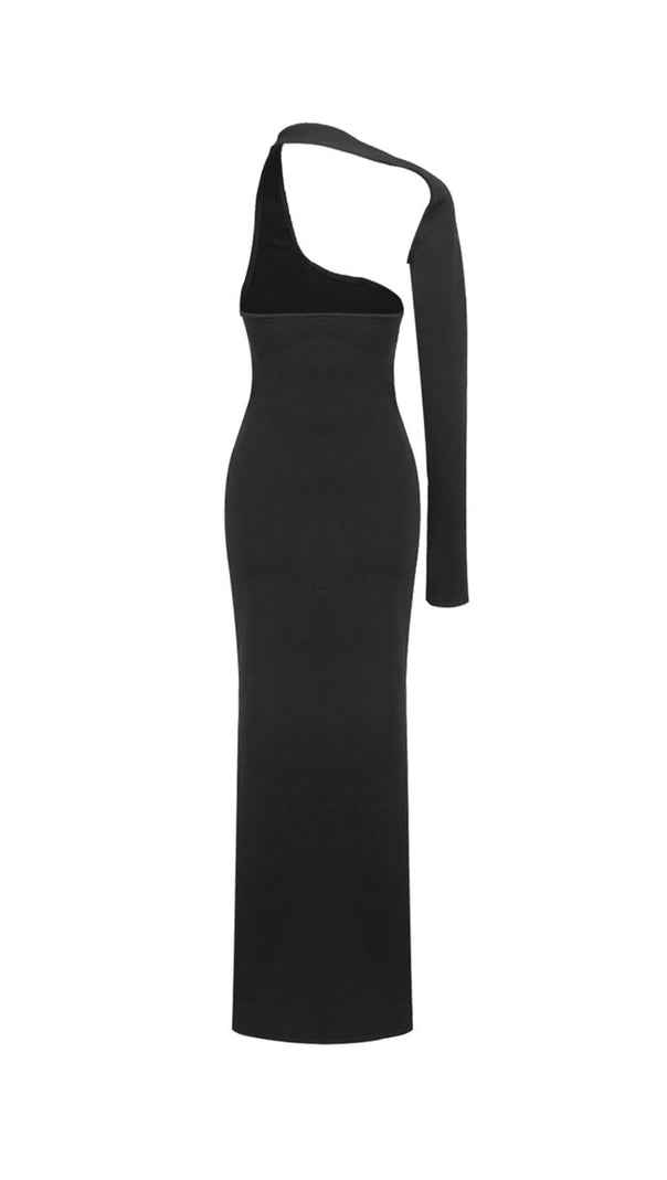 AIIZIE BLACK ONE-SLEEVE ELASTIC BANDAGE MIDRIFF-BARING MAXI DRESS - product image
