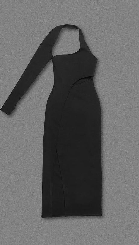 BLACK ONE-SLEEVE ELASTIC BANDAGE MIDRIFF-BARING MAXI DRESS