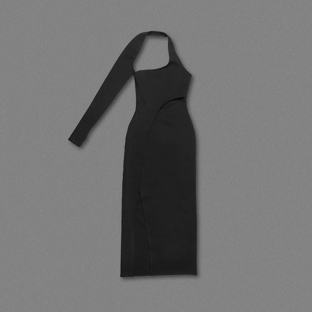 AIIZIE BLACK ONE-SLEEVE ELASTIC BANDAGE MIDRIFF-BARING MAXI DRESS - product image