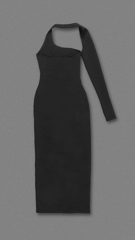 BLACK ONE-SLEEVE ELASTIC BANDAGE MIDRIFF-BARING MAXI DRESS