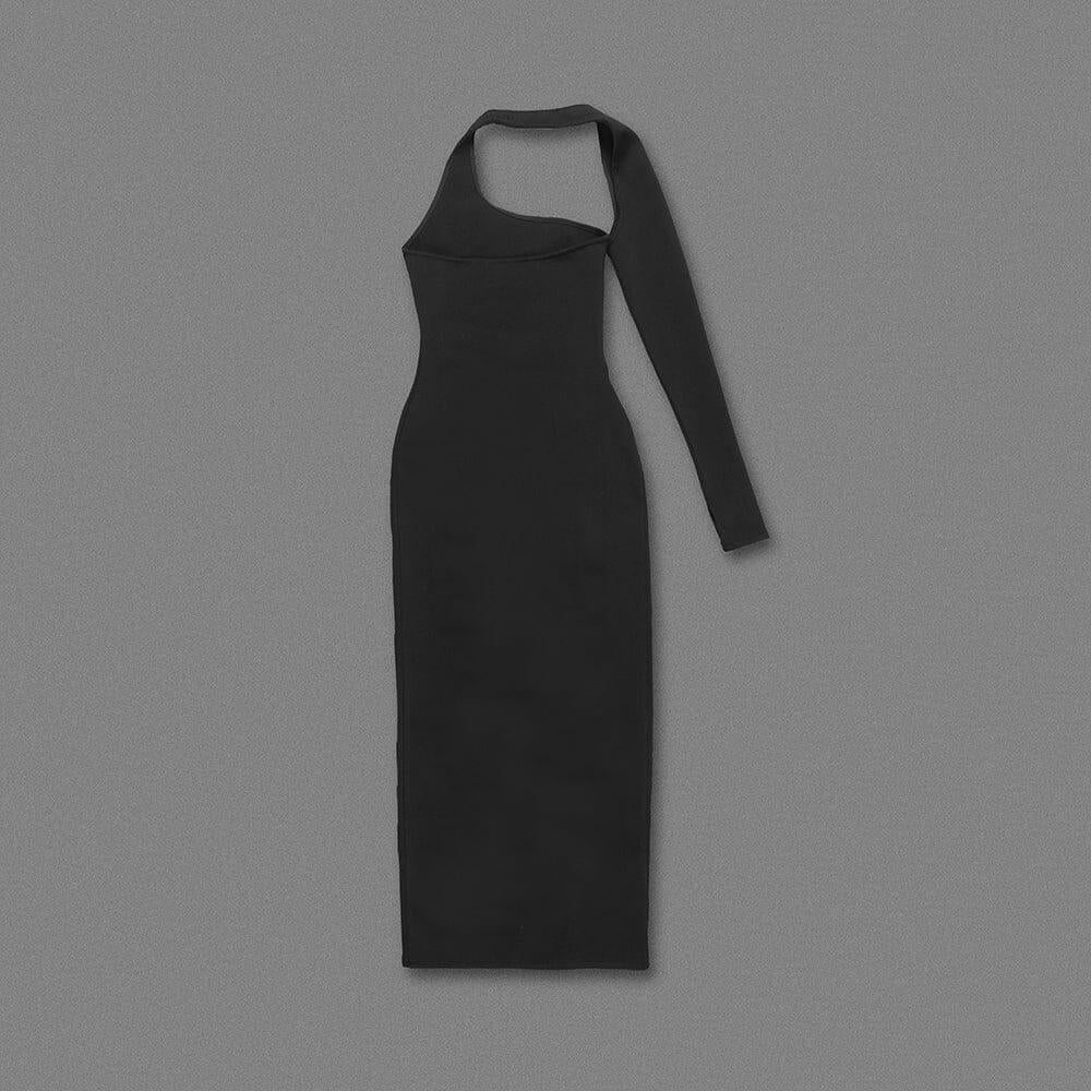 AIIZIE BLACK ONE-SLEEVE ELASTIC BANDAGE MIDRIFF-BARING MAXI DRESS - product image
