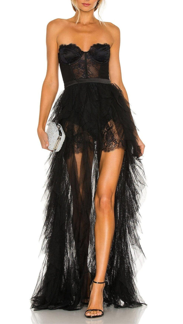 AIIZIE BLACK STRAPLESS LACE PATCHWORK MESH MAXI DRESS - product image