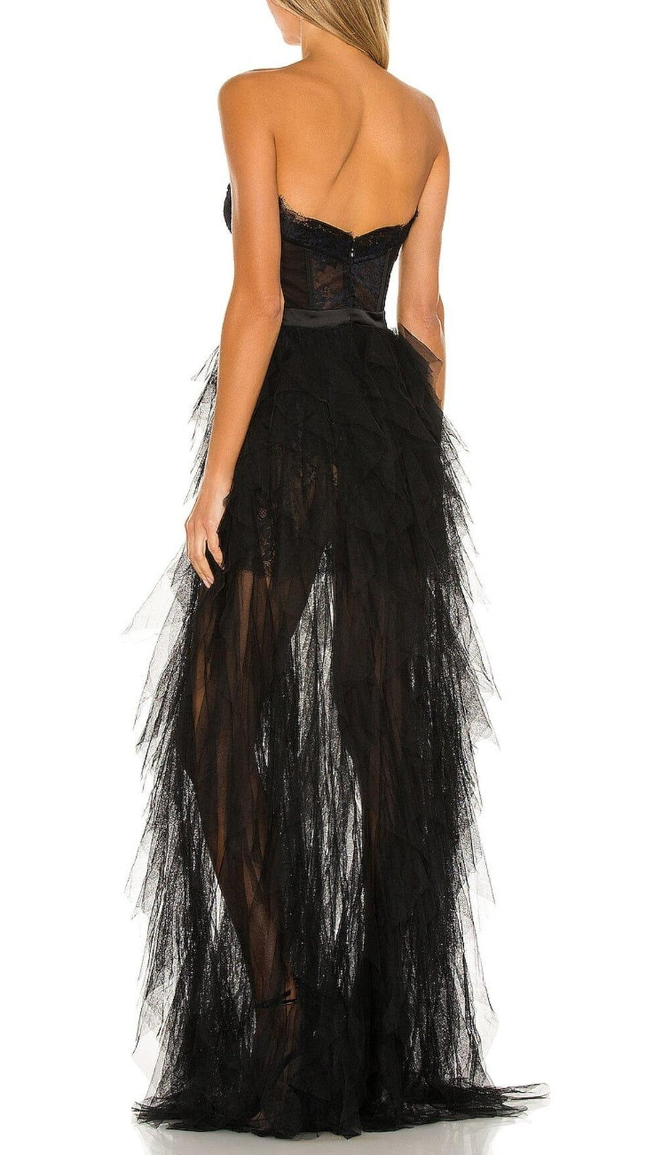 BLACK STRAPLESS LACE PATCHWORK MESH MAXI DRESS