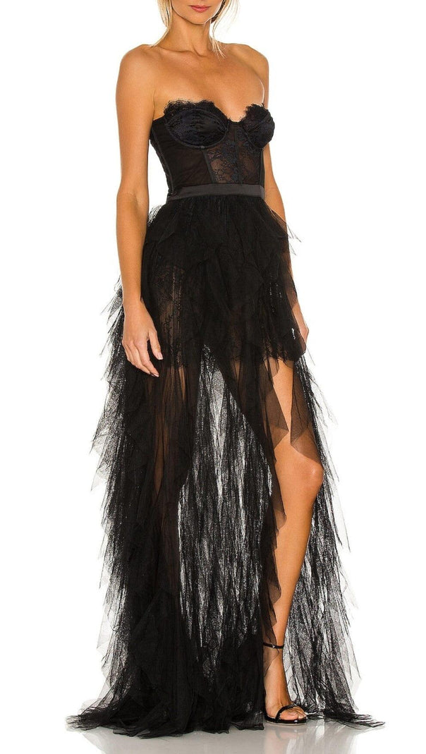 AIIZIE BLACK STRAPLESS LACE PATCHWORK MESH MAXI DRESS - product image