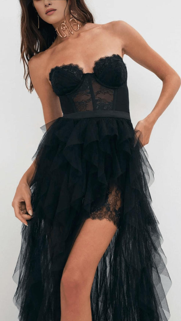AIIZIE BLACK STRAPLESS LACE PATCHWORK MESH MAXI DRESS - product image