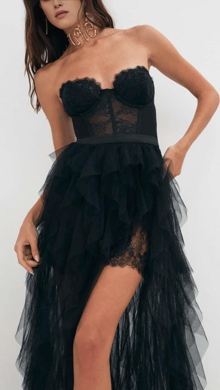 BLACK STRAPLESS LACE PATCHWORK MESH MAXI DRESS