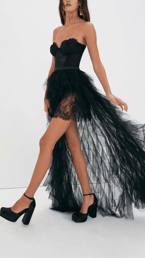 AIIZIE BLACK STRAPLESS LACE PATCHWORK MESH MAXI DRESS - product image