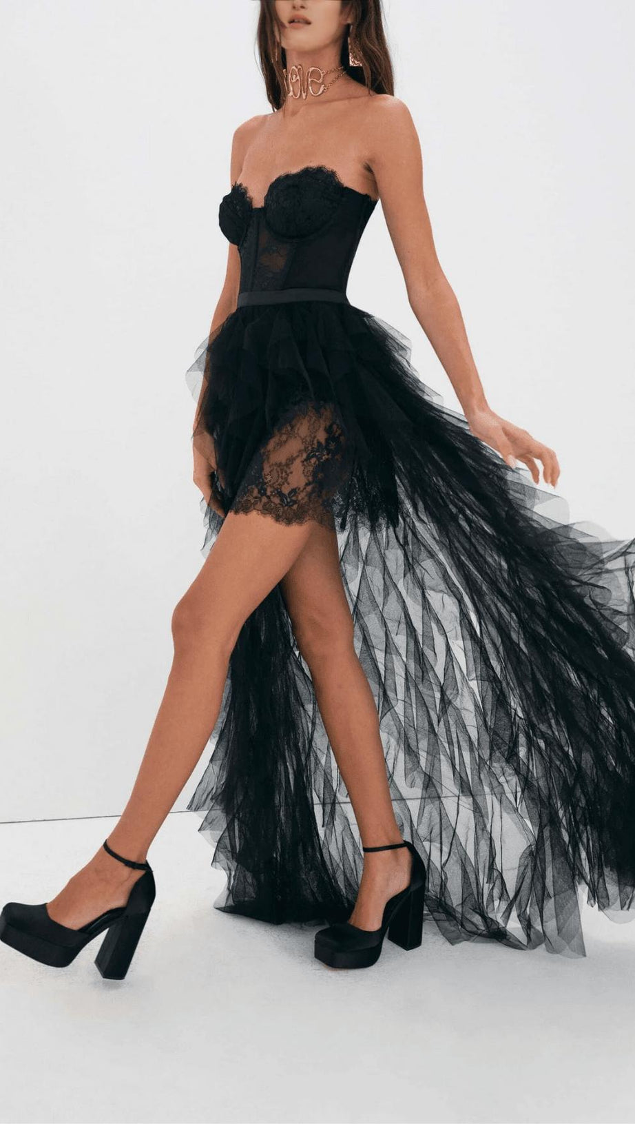 BLACK STRAPLESS LACE PATCHWORK MESH MAXI DRESS