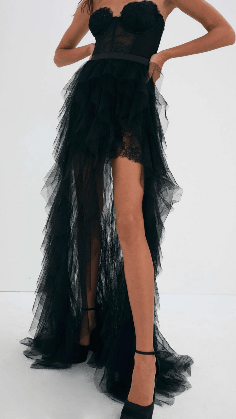 BLACK STRAPLESS LACE PATCHWORK MESH MAXI DRESS