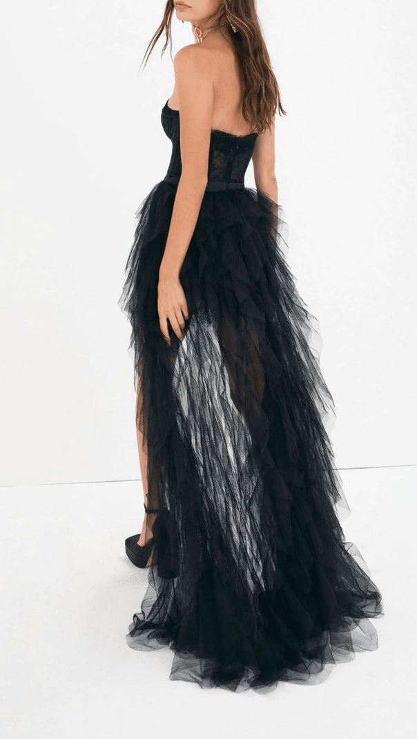 AIIZIE BLACK STRAPLESS LACE PATCHWORK MESH MAXI DRESS - product image