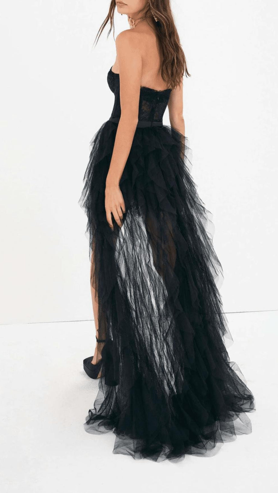 BLACK STRAPLESS LACE PATCHWORK MESH MAXI DRESS